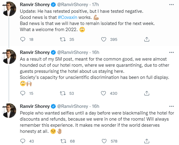 Screenshot of Ranvir Shorey's recent tweets.&nbsp;