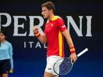 Spain's Pablo Carreno Busta celebrates winning a point against Chile's Alejandro Tabilo during their match at the ATP Cup tennis tournament in Sydney, Saturday, Jan. 1, 2022