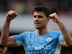 Manchester City's Rodrigo celebrates after the Premier League soccer match between Arsenal and Manchester City at the Emirates Stadium, in London, England. Manchester City's Rodrigo celebrates after the Premier League soccer match between Arsenal and Manchester City at the Emirates Stadium, in London, England.