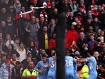 Manchester City's Rodri celebrates scoring their second goal with teammates.