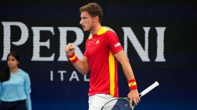Spain's Pablo Carreno Busta celebrates winning a point against Chile's Alejandro Tabilo during their match at the ATP Cup tennis tournament in Sydney, Saturday, Jan. 1, 2022 (AP) Spain's Pablo Carreno Busta celebrates winning a point against Chile's Alejandro Tabilo during their match at the ATP Cup tennis tournament in Sydney, Saturday, Jan. 1, 2022 (AP)