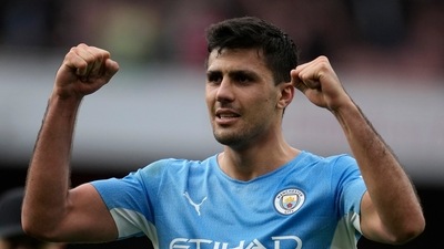 Manchester City's Rodrigo celebrates after the Premier League soccer match between Arsenal and Manchester City at the Emirates Stadium, in London, England. (AP)