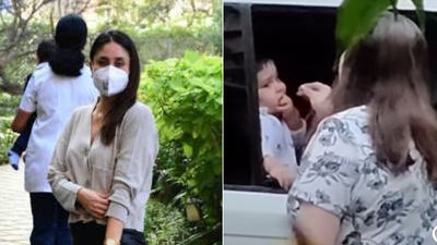 Kareena Kapoor outside Randhir Kapoor's house and Babita pulling Jeh's cheek. Kareena Kapoor outside Randhir Kapoor's house and Babita pulling Jeh's cheek.