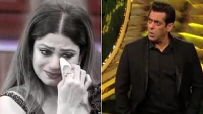 Shamita Shetty breaks down after Salman Khan scolds her in the upcoming episode of Bigg Boss Weekend Ka Vaar. Shamita Shetty breaks down after Salman Khan scolds her in the upcoming episode of Bigg Boss Weekend Ka Vaar.