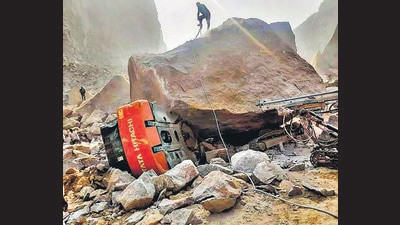 The landslide site at Dadam mining area of Bhiwani district. (PTI) The landslide site at Dadam mining area of Bhiwani district. (PTI)