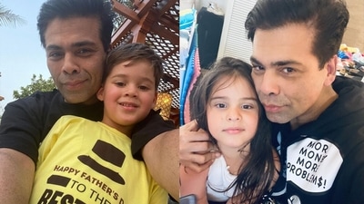 Karan Johar with son Yash and daughter Roohi. Karan Johar with son Yash and daughter Roohi.