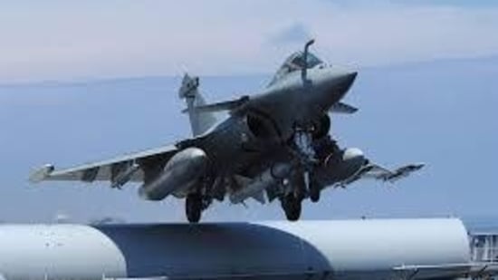 Rafale Maritime Strike fighter taking off from an aircraft carrier.