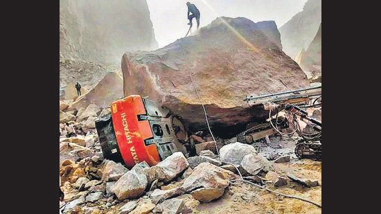 The landslide site at Dadam mining area of Bhiwani district. (PTI) The landslide site at Dadam mining area of Bhiwani district. (PTI)