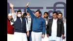 Delhi Chief Minister Arvind Kejriwal with AAP leaders at the Smriti Upvan Maidan, in Lucknow on Sunday.