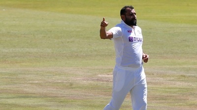 India's Mohammed Shami celebrates taking the wicket of South Africa's Aiden Markram. (REUTERS)