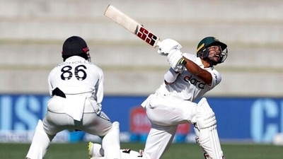 Najmul Hossain in action on Day 2 of the first Test between Bangladesh and New Zealand. (AP) Najmul Hossain in action on Day 2 of the first Test between Bangladesh and New Zealand. (AP)