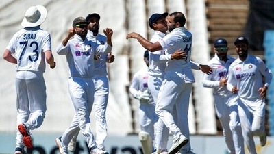 India's bowler Mohammed Shami, right, celebrates with teammates after bowling South Africa's batsman Aiden Markram for 1 run, during the fourth day of the Test Cricket match between South Africa and India at Centurion Park in Pretoria, South Africa, Wednesday, Dec. 29, 2021 (AP) India's bowler Mohammed Shami, right, celebrates with teammates after bowling South Africa's batsman Aiden Markram for 1 run, during the fourth day of the Test Cricket match between South Africa and India at Centurion Park in Pretoria, South Africa, Wednesday, Dec. 29, 2021 (AP)