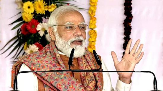 Prime Minister Narendra Modi in Meerut on Sunday. (ANI PHOTO)