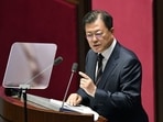 South Korea's President Moon Jae-in delivers a speech on the government budget at the National Assembly in Seoul.&nbsp;
