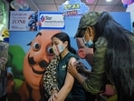 A girl receives a dose of Bharat Biotech's Covaxin against Covid-19 disease during a vaccination drive for children aged 15-18 years, in New Delhi on Monday. A girl receives a dose of Bharat Biotech's Covaxin against Covid-19 disease during a vaccination drive for children aged 15-18 years, in New Delhi on Monday.