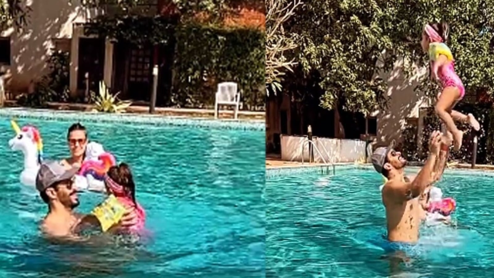 Neha Dhupia chills with 3-month-old son in pool, Angad tosses daughter into air