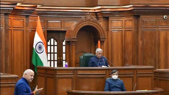 Delhi deputy chief minister Manish Sisodia speaks in the Assembly during the Winter Session of the Delhi Legislative Assembly on Monday.(ANI Photo)