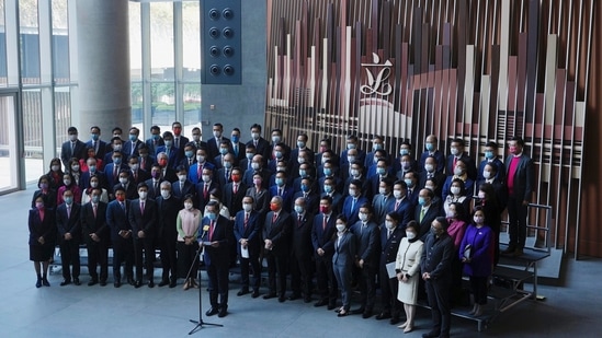 Lawmakers have their group photos taken after their oath-taking ceremony of the legislative council in Hong Kong.(AP)