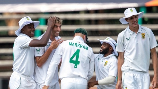 Johannesbur: South Africa's bowler Duanne Olivier, second from left, celebrates with teammates after dismissing India's batsman Shardul Thakur for a duck, during the first day of the 2nd Test Cricket match between South Africa and India at the Wanderers stadium in Johannesburg, South Africa, Monday, Jan. 3, 2022. AP/PTI(AP01_03_2022_000243B)(AP)