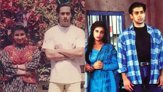 Divya Dutta with Salman Khan as a fan (left) and while working with him in a film (right).