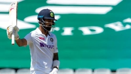 India's batsman KL Rahul raises his bat after reaching a half century during the first day of the 2nd Test Cricket match between South Africa and India at the Wanderers stadium in Johannesburg, South Africa, Monday, Jan. 3, 2022. (AP Photo/Themba Hadebe)(AP)