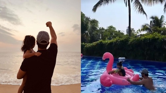 Angad Bedi took in a view of the sunset and chilled in the pool with his three-year-old daughter Mehr.