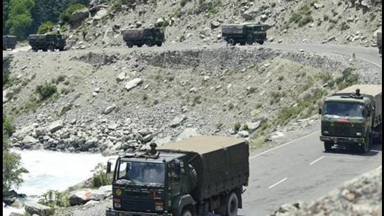 An Indian Army convoy moves along the Leh national highway. (PTI)