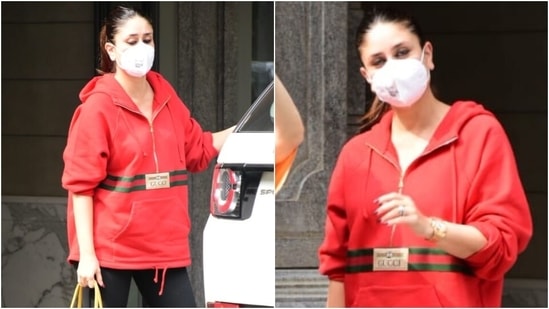 Kareena teamed the jacket with black skintight pants, chunky lace-up sneakers and a Goyard yellow tote bag. She styled her casual ensemble by tying her locks in a sleeked back ponytail and going for a make-up free look with glowing skin. A white face mask protected Kareena amid the Covid-19 pandemic.(HT Photo/Varinder Chawla)