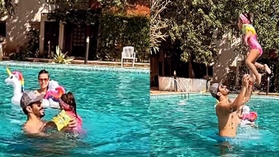 Neha Dhupia and Angad Bedi with their kids in the pool.&nbsp;