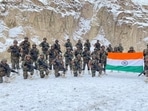 Indian soldiers seen with the national flag at Galwan Valley.