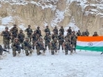Indian soldiers seen with the national flag at Galwan Valley.