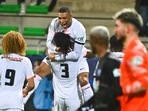 Kylian Mbappe of PSG celebrates a goal with his team mates during the French Cup match.&nbsp;
