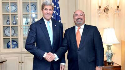 Indian-American Atul Keshap (right) being sworn in as the US ambassador to Sri Lanka and Maldives in 2015. (TWITTER/FILE)