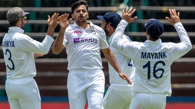 Johannesburg: India's bowler Shardul Thakur, middle, celebrates with teammates after taking a wicket of South Africa's captain Dean Elgar, during the second day of the 2nd Test Cricket match between South Africa and India at the Wanderers stadium in Johannesburg, South Africa, Tuesday, Jan. 4, 2022. AP/PTI(AP01_04_2022_000075B) (AP) Johannesburg: India's bowler Shardul Thakur, middle, celebrates with teammates after taking a wicket of South Africa's captain Dean Elgar, during the second day of the 2nd Test Cricket match between South Africa and India at the Wanderers stadium in Johannesburg, South Africa, Tuesday, Jan. 4, 2022. AP/PTI(AP01_04_2022_000075B) (AP)