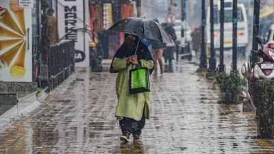 A woman holding an umbrella walks on the footpath during the season's first snowfall, in Srinagar. (PTI)