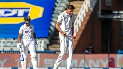 South Africa's batsman Marco Jansen, right, reacts after dismissing India's captain KL Rahul, during the second day of the 2nd Test Cricket match between South Africa and India at the Wanderers stadium in Johannesburg, South Africa, Tuesday, Jan. 4, 2022. (AP Photo/Themba Hadebe) (AP) South Africa's batsman Marco Jansen, right, reacts after dismissing India's captain KL Rahul, during the second day of the 2nd Test Cricket match between South Africa and India at the Wanderers stadium in Johannesburg, South Africa, Tuesday, Jan. 4, 2022. (AP Photo/Themba Hadebe) (AP)