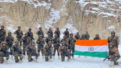 Indian soldiers seen with the national flag at Galwan Valley. Indian soldiers seen with the national flag at Galwan Valley.