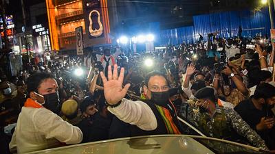 BJP National President JP Nadda was in Hyderabad to take part in a “peace rally” organised by the Telangana BJP to protest against the arrest of state party president Bandi Sanjay in Karimnagar on Sunday night. (PTI)