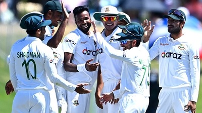 Ebadot Hossain of Bangladesh celebrates the wicket of Devon Conway. (Getty) Ebadot Hossain of Bangladesh celebrates the wicket of Devon Conway. (Getty)