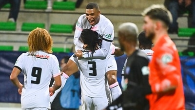 Kylian Mbappe of PSG celebrates a goal with his team mates during the French Cup match. (Getty) Kylian Mbappe of PSG celebrates a goal with his team mates during the French Cup match. (Getty)