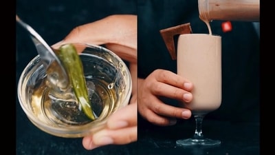 The split image shows the Thai chilli pepper honey (left) and the Toblerone lassi once prepared.&nbsp; (instagram/@chilipeppercooks)
