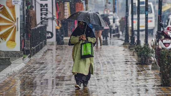 A woman holding an umbrella walks on the footpath during the season's first snowfall, in Srinagar.(PTI)