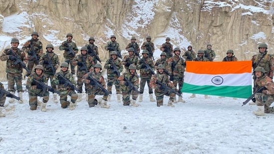 Indian soldiers seen with the national flag at Galwan Valley. Indian soldiers seen with the national flag at Galwan Valley.