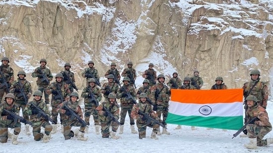 Indian soldiers seen with the national flag at Galwan Valley.