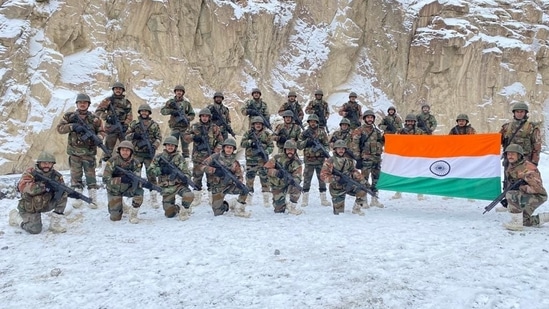 Indian soldiers seen with the national flag at Galwan Valley.