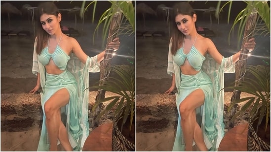 Mouni styled the outfit with centre-parted open locks. She ditched all accessories to keep the look classy. Her signature kohl-adorned eyes, bold smoky eye shadow, mascara-laden lashes, nude lip shade, blushed cheeks and glowing face rounded off the glam picks.(Instagram/@imouniroy)