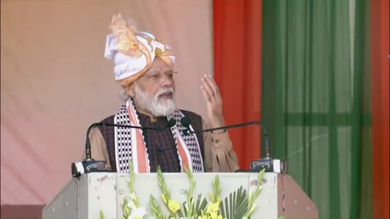 Prime Minister Narendra Modi addresses a gathering in Imphal after inaugurating and laying foundation stone of multiple projects. (Screengrab/Narendra Modi Twitter)