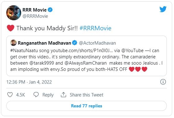 RRR Movie tweeted, "Thank you Maddy Sir!."