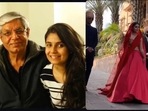 Split image showing Suvanya, the bride, with her dad (left) and on her wedding day (right) with his letter embroidered on her veil. (instagram/@officialhumansofbombay) Split image showing Suvanya, the bride, with her dad (left) and on her wedding day (right) with his letter embroidered on her veil. (instagram/@officialhumansofbombay)