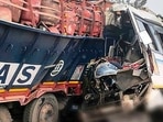 Mangled remains of the truck that collided with a bus in Pakur district of Jharkhand on Wednesday.(PTI) Mangled remains of the truck that collided with a bus in Pakur district of Jharkhand on Wednesday.(PTI)